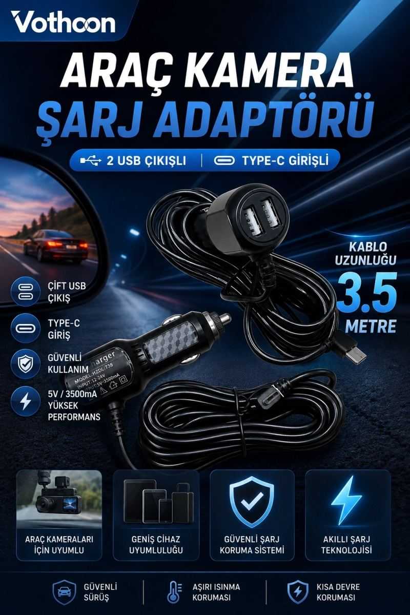 Araç Kamera Şarj Adaptörü 2 Usb’li Type-c Girişli 3.5 Metre Kablo Uzunluğu(ürün Kamera Değildir)
