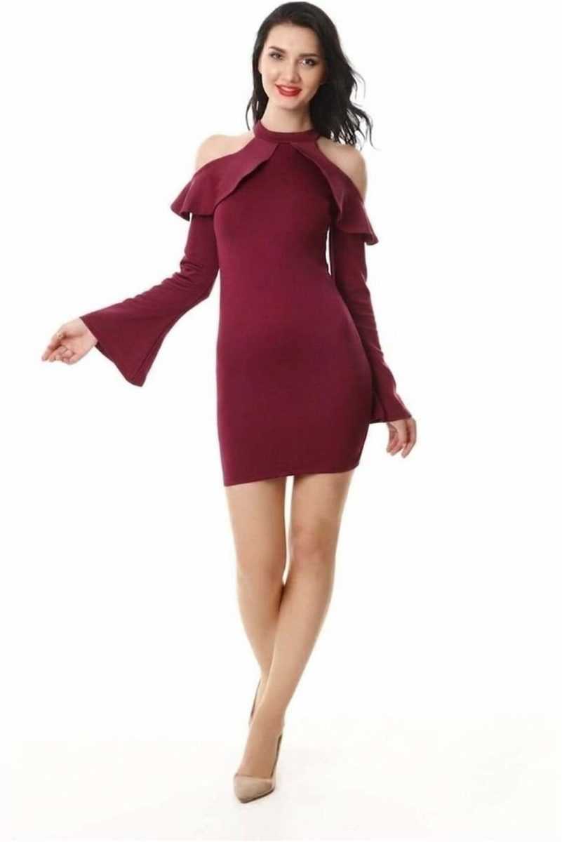 Asimetrik Elbise Volanlı Kollu Mini Yaka Uzun