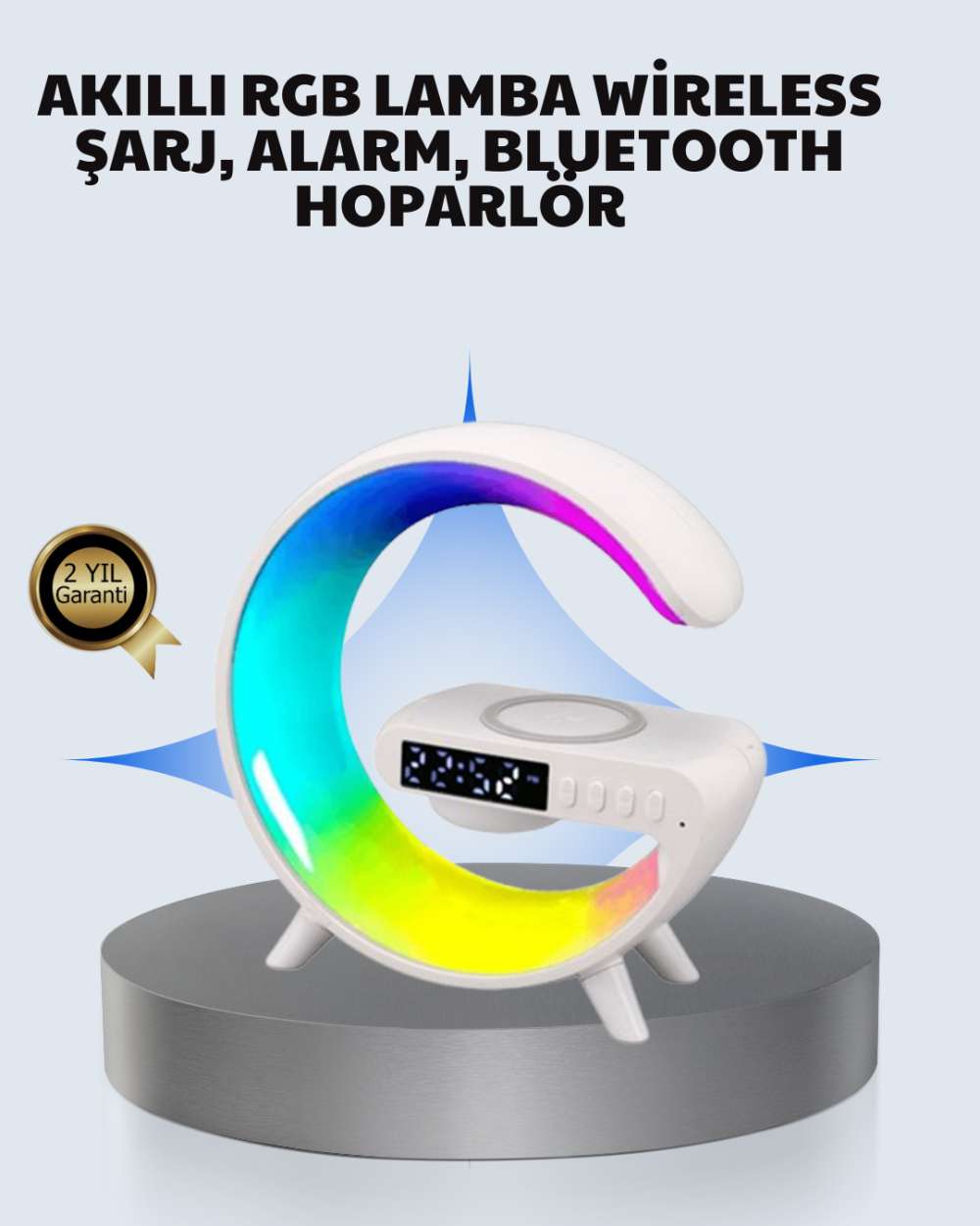 Başucu İçin Tasarlanmış Kablosuz Şarjlı Gece Lambası ve Bluetooth Ses Sistemi