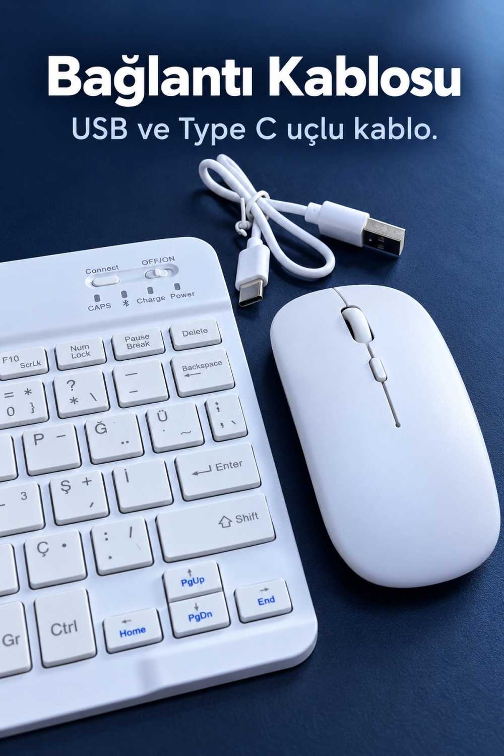 Beyaz Klavye Mouse Seti Usb Alıcılı Kablosuz Bağlantı