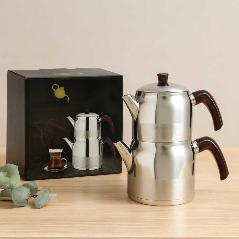 Çelik Mini Çaydanlık Seti - Çift Kapaklı 1L/1.5L Kendinden Süzgeçli