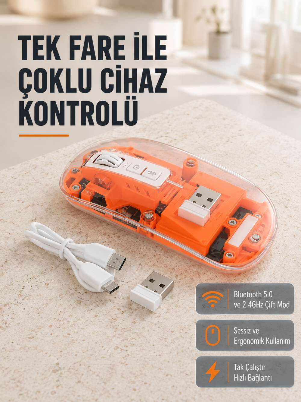 Çift Modlu Kablosuz Bluetooth 5.0 + 2.4GHz Mouse – 3 Cihaz Bağlantılı, Hızlı Geçiş Düğmeli