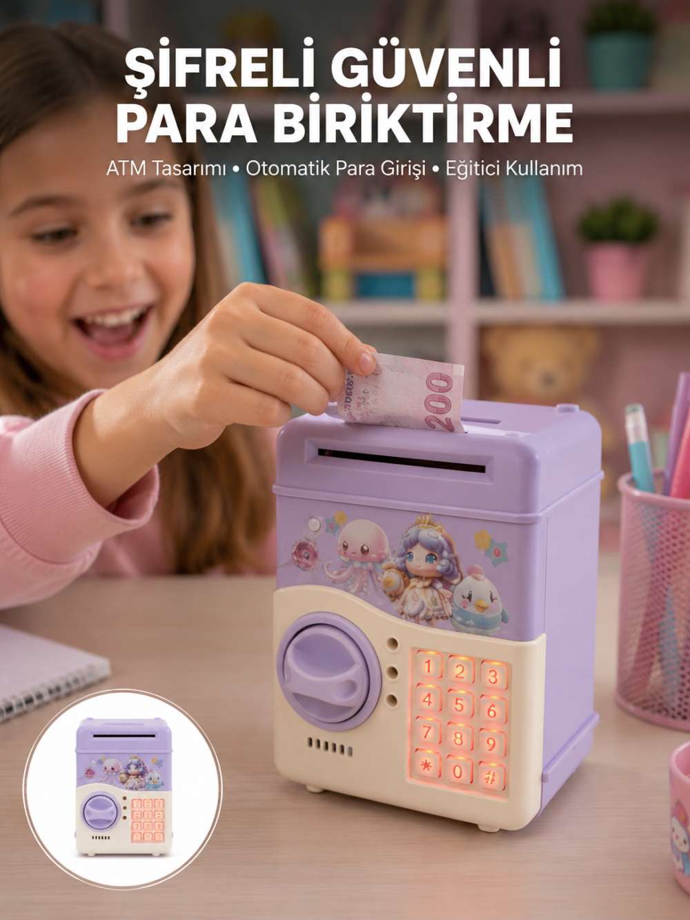 Çocuklar İçin Elektronik Şifreli Para Biriktirme Kumbarası Mor