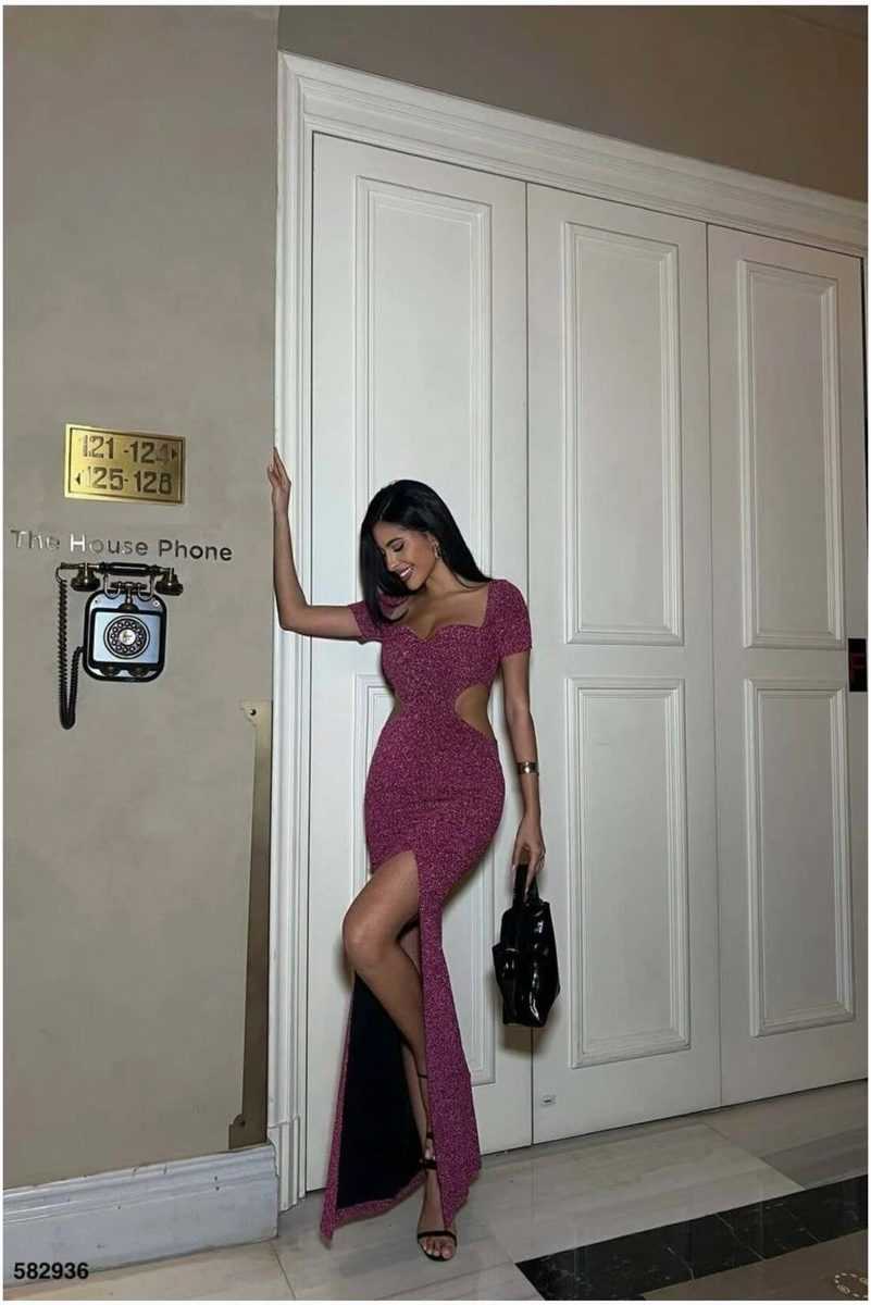 Degaje Abiye Kısa Yaka Elbise Yırtmaçlı Kollu