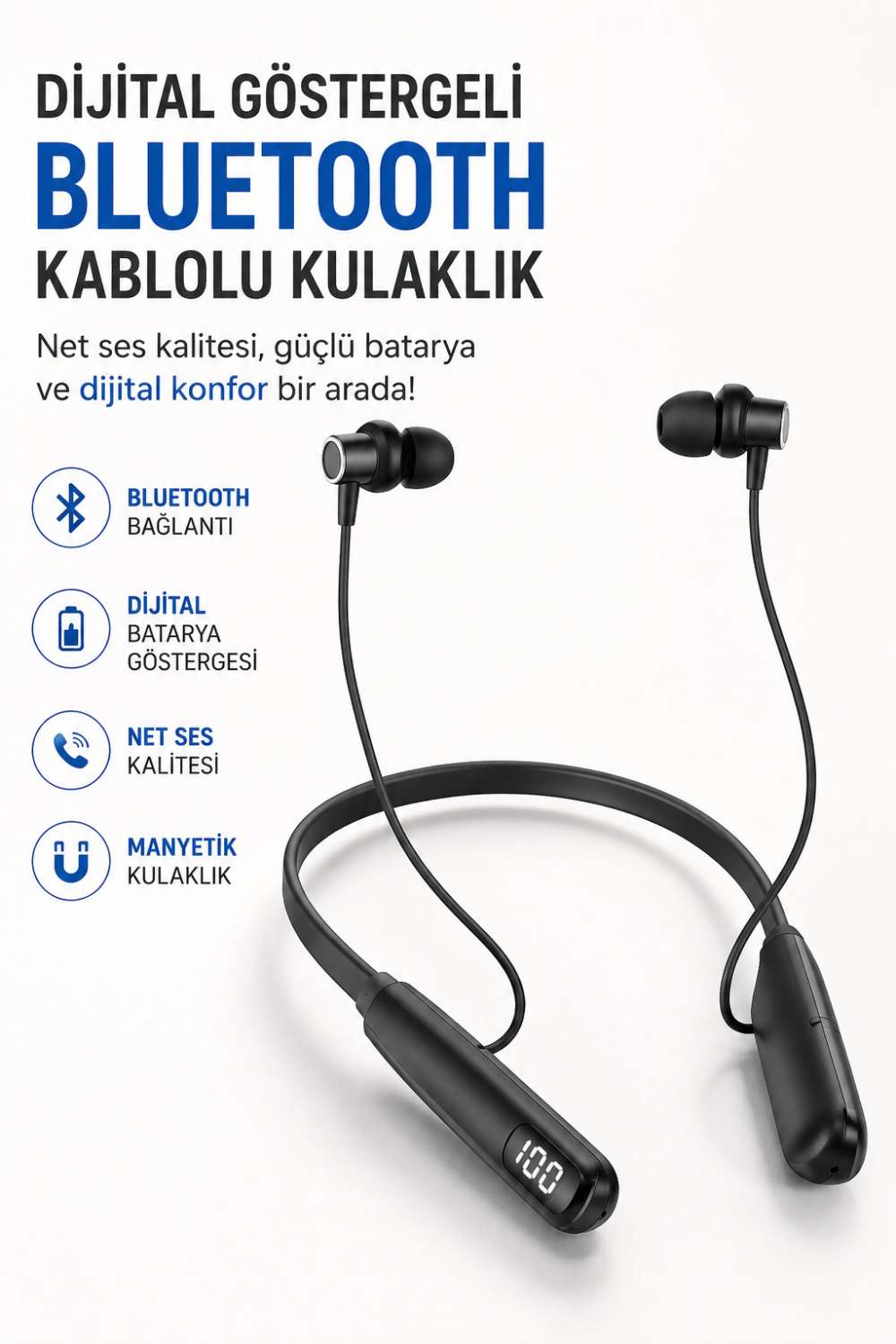 Dijital Batarya Göstergeli Bluetooth Özellikli Boyun Askılı Kulaklık