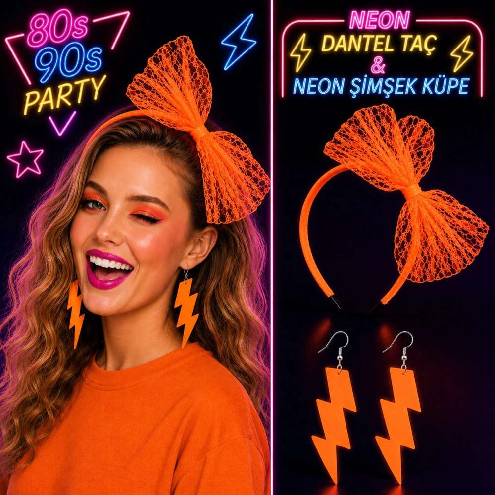 Dikkat Çekici Neon Turuncu Dantel Taç ve Şimşek Küpe Seti