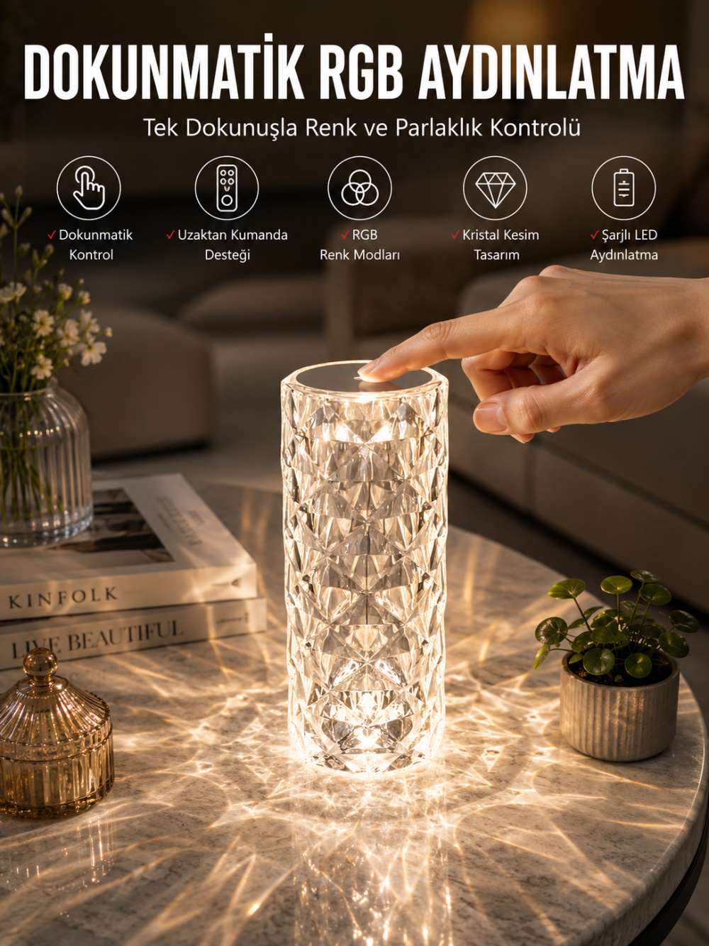 Dokunmatik Kristal Gece Lambası Hediyelik
