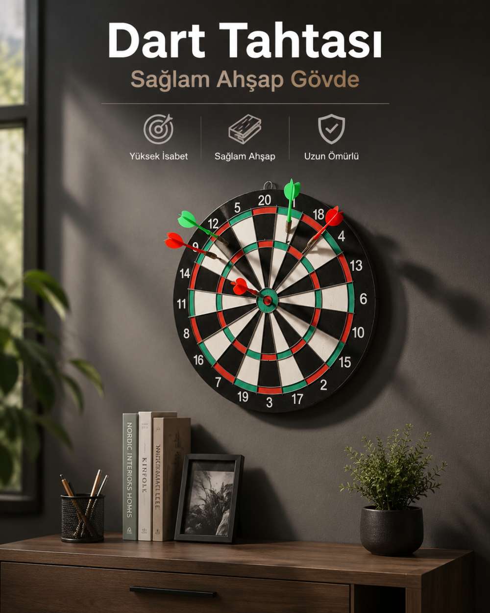 Duvara Monte Sağlam Ahşap Gövdeli Dart Tahtası Ev ve Oyun Alanları İçin 17 İnç