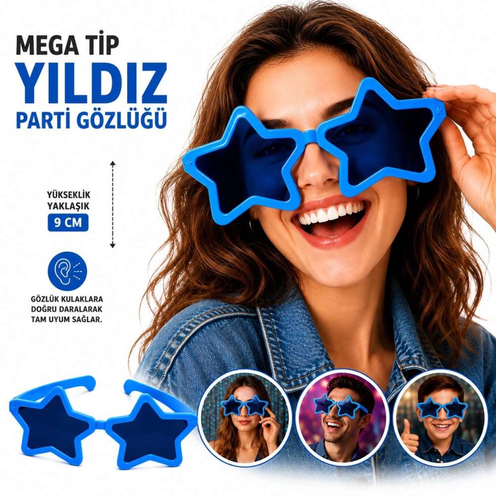 Eğlenceli Mega Boy Yıldız Gözlük Mavi Renk 9 cm