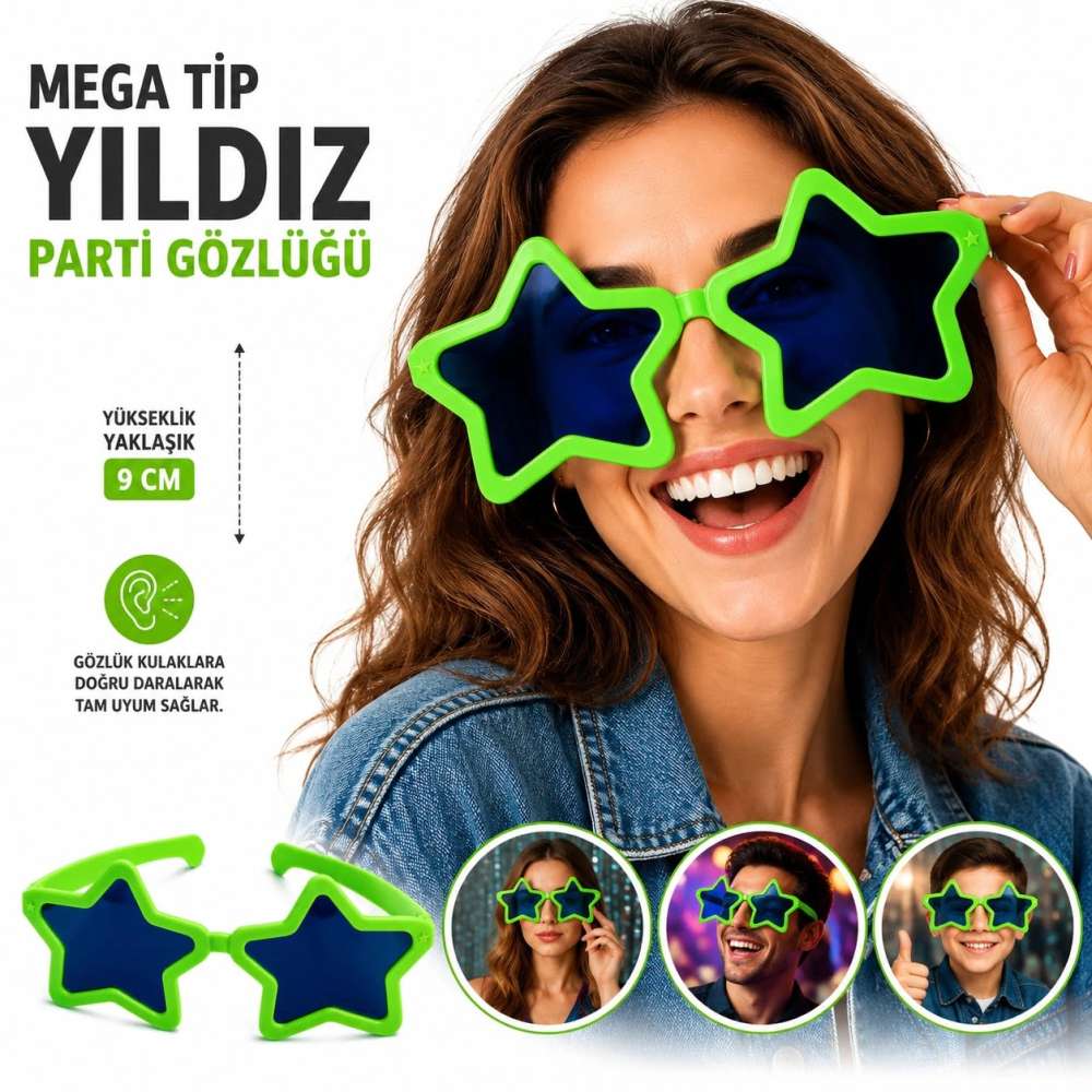Eğlenceli Mega Yıldız Gözlük Yeşil Renk 9 cm