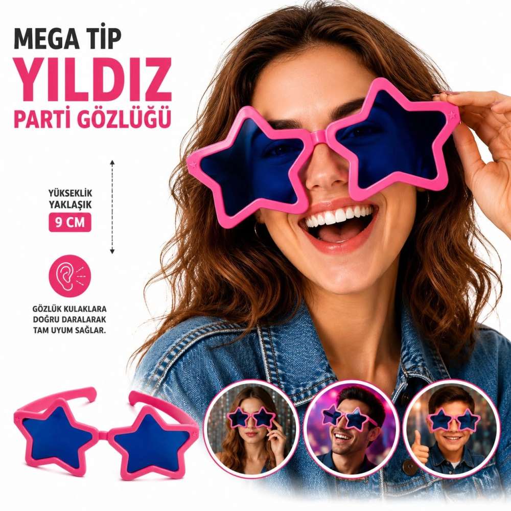 Eğlenceli Mega Yıldız Parti Gözlüğü Pembe 9 cm