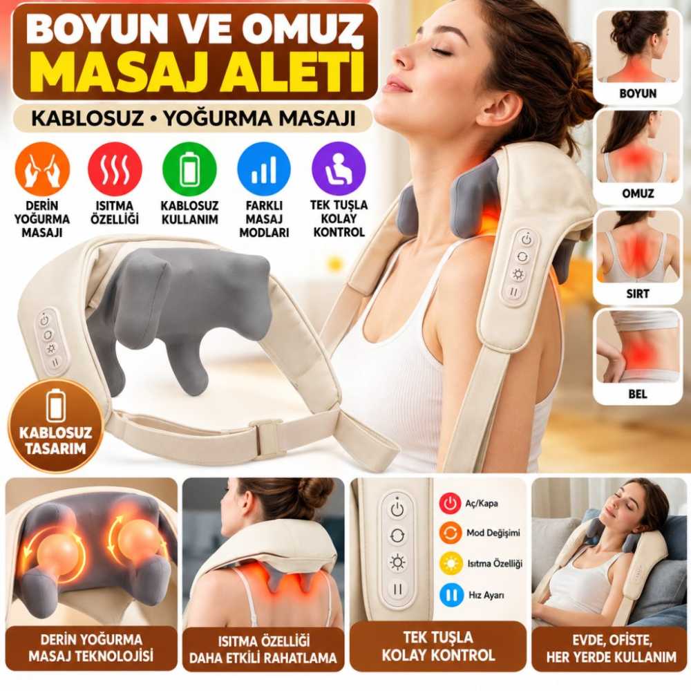 Elektrikli Boyun ve Sırt Masaj Aleti Kablosuz Boyun ve Omuz Yoğurma Masaj Yastığı