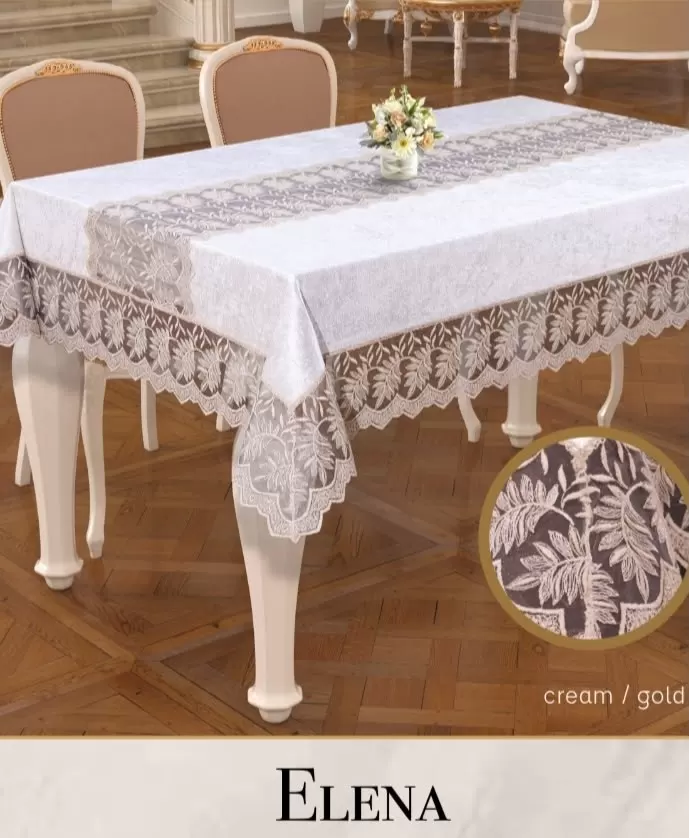 Elena Model Krem-Gold Keten 160x220 cm İşlemeli Dantelli Şık Masa Örtüsü