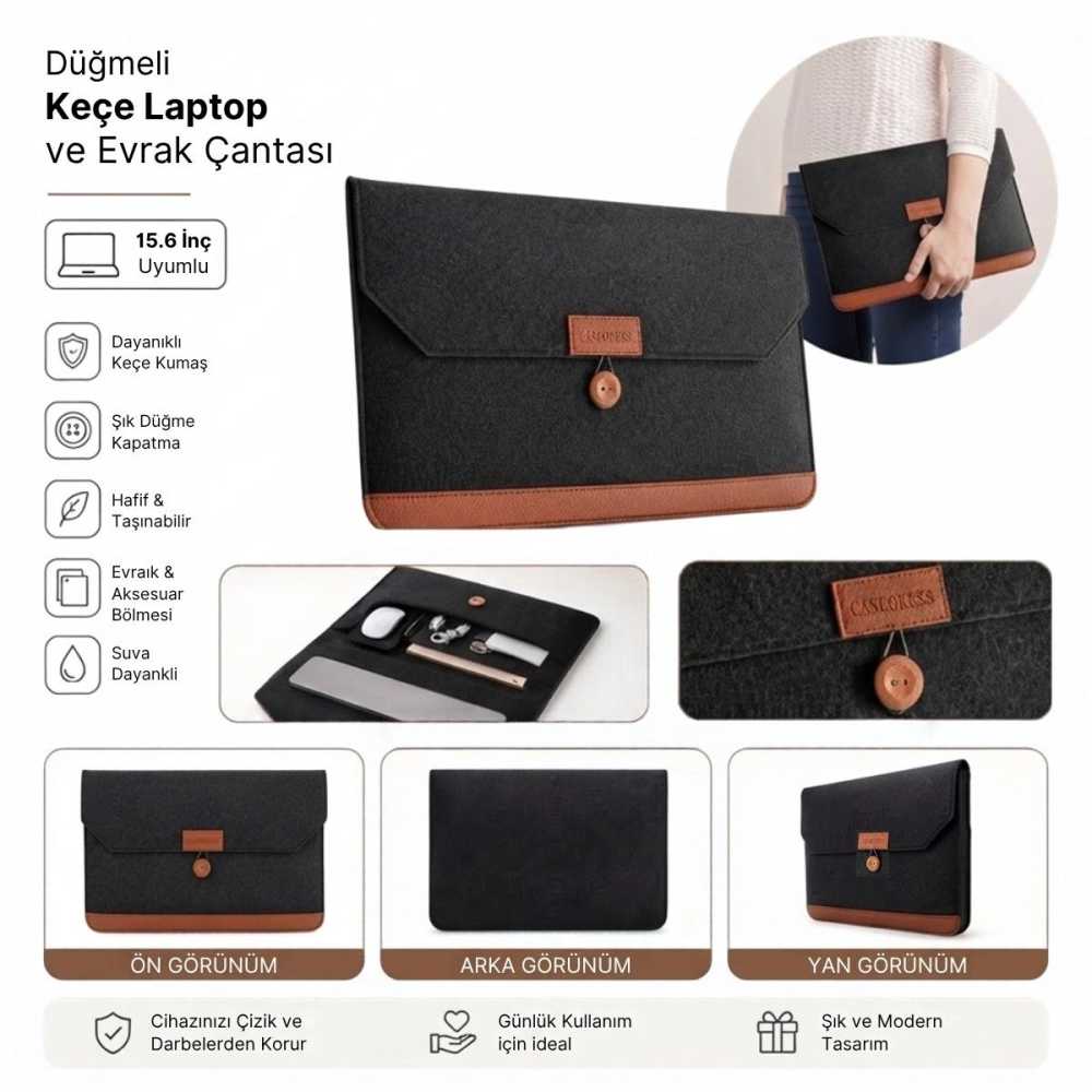 Ergonomik 15.6 İnç Keçe Laptop ve Evrak Taşıma Çantası