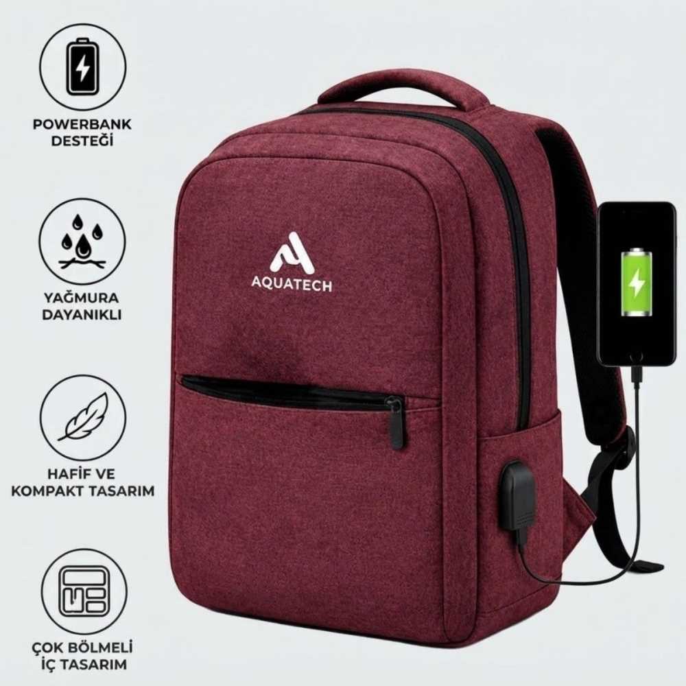 Ergonomik Bordo Renkli Laptop Sırt Çantası USB Şarj Portlu