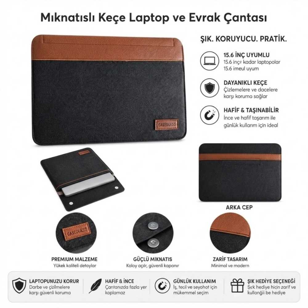 Ergonomik Mıknatıslı Keçe Laptop ve Evrak Taşıma Çantası 15.6 İnç