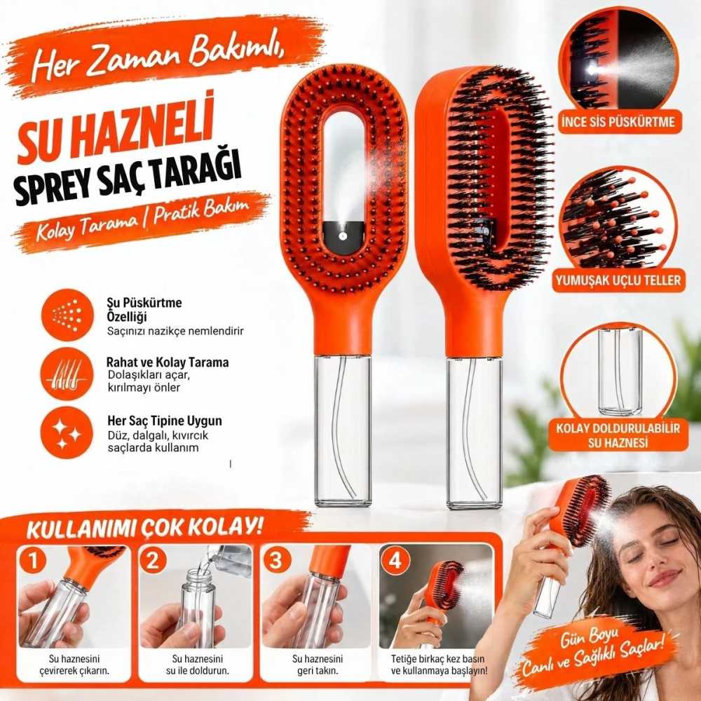 Ergonomik Oval Başlıklı Su Püskürtmeli Saç Tarama Fırçası