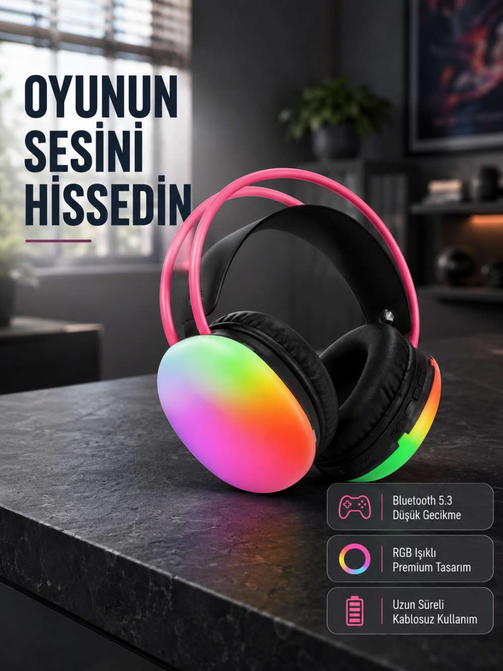 Ergonomik RGB Bluetooth Kulaklık 3D Ses Yeni Nesil