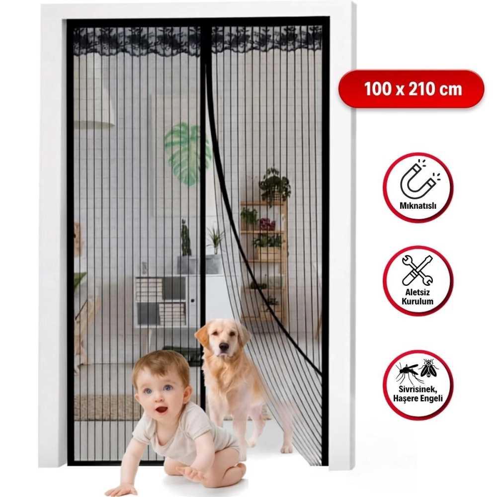 Ergonomik Siyah Manyetik Kapı Sinekliği 100 x 210 cm Otomatik Kapanan Tül