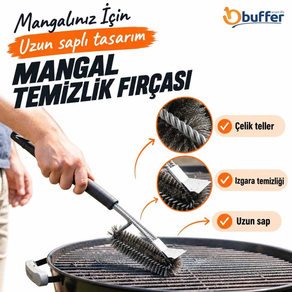 Ergonomik Uzun Saplı Paslanmaz Çelik Mangal Temizlik Fırçası