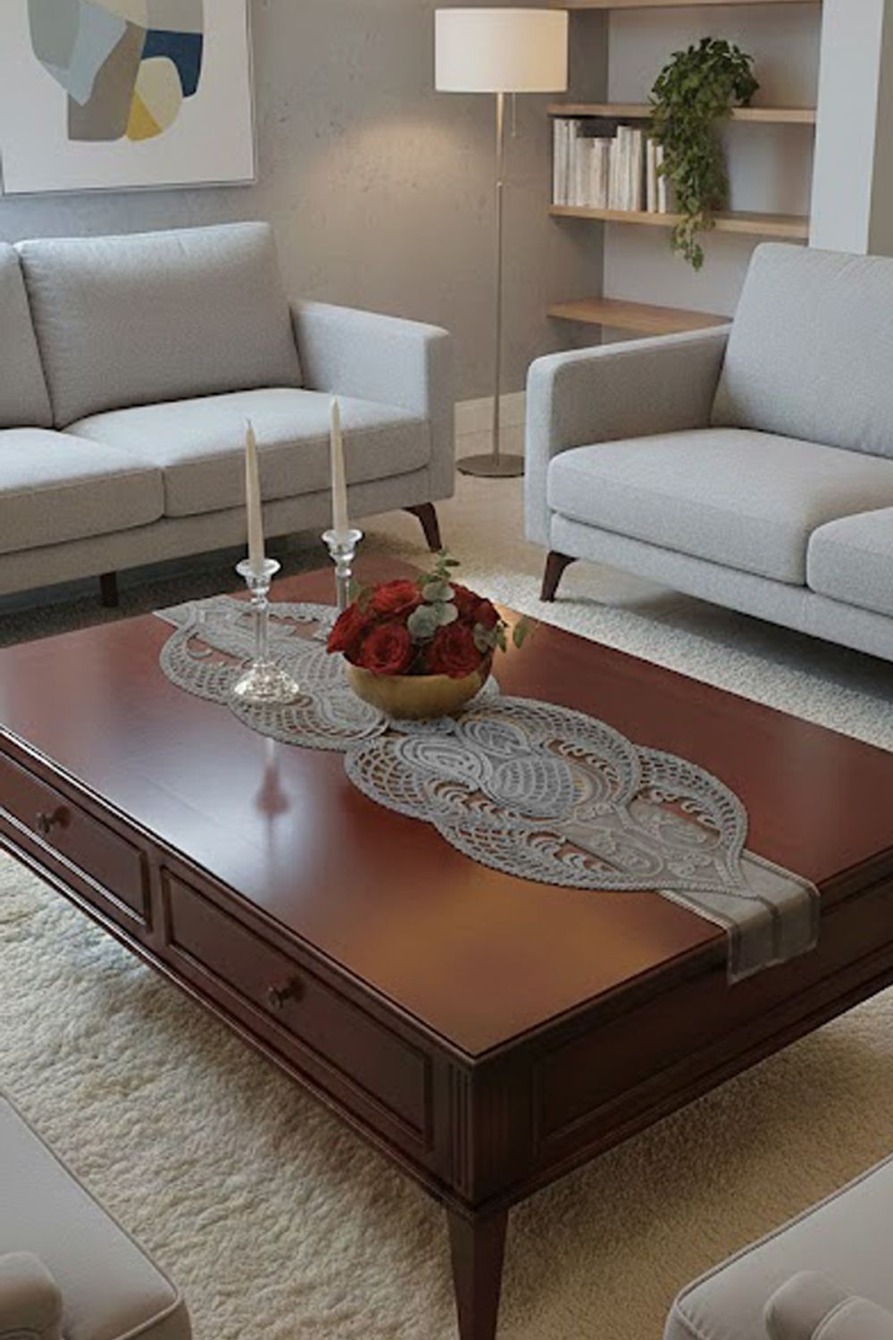 Fransız Dantel Detaylı Tek Runner, Masa Üzerine Runner, Masa Örtüsü Runneri