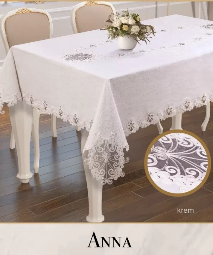 Gardenya Keten Tek Masa Örtüsü 160x220 cm Dantelli Yemek Masası Örtüsü Anna Model Krem