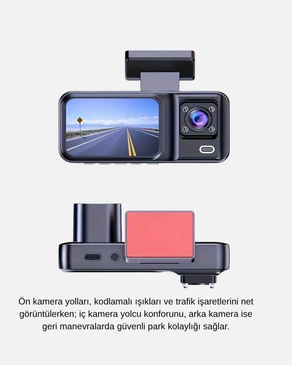 Geniş Açılı Üç Kameralı Dash Cam 170° Full HD Gece Görüş