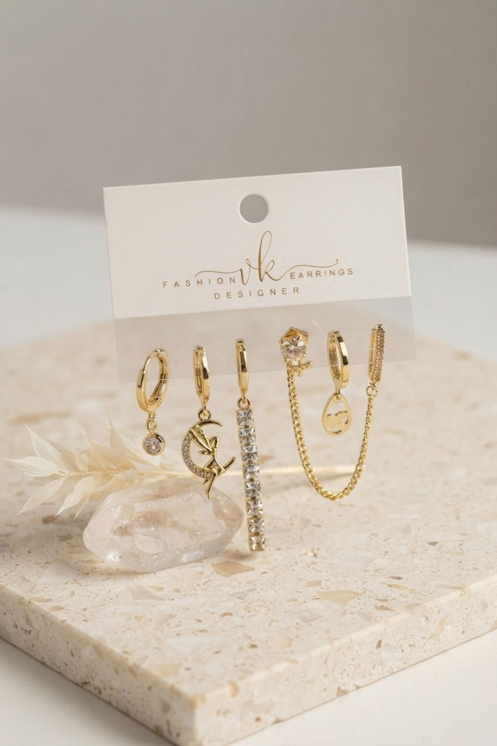 Gold Renk Pirinç Zirkon Taşlı 6'lı Küpe Set Kombini