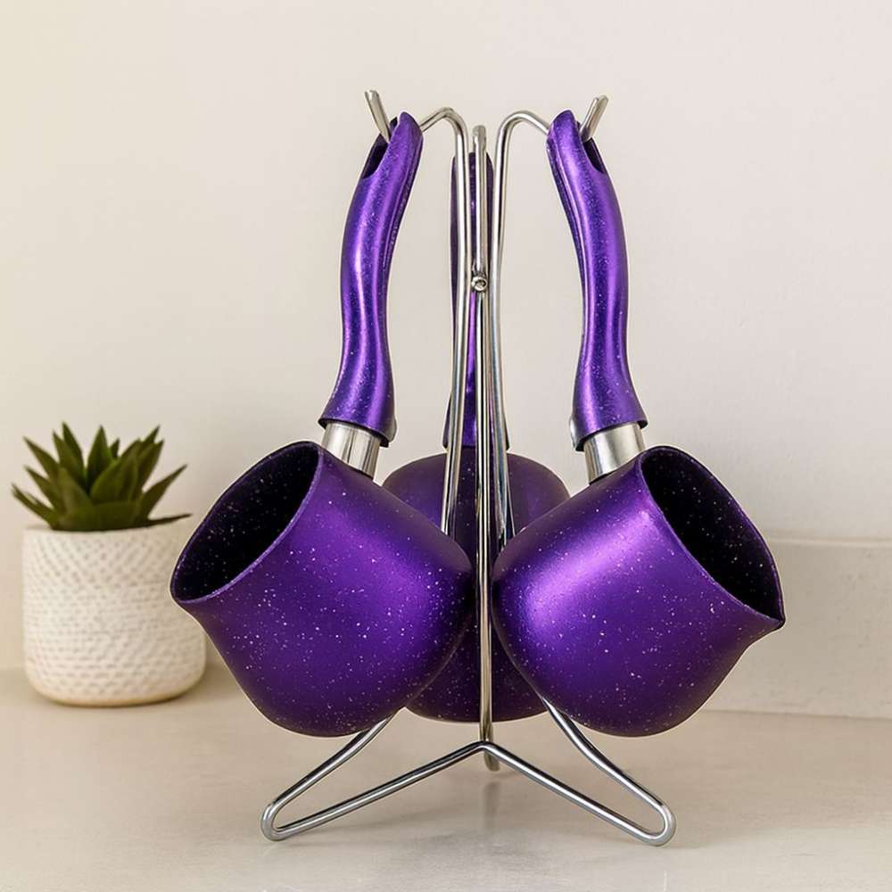 Granit Çelik Cezve Seti 4'lü (230/280/380 ml) Metal Standlı
