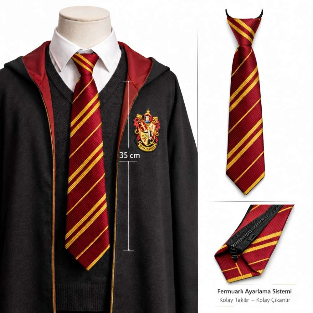 Gryffindor Temalı Fermuarlı Kravat Kırmızı Sarı Çizgili