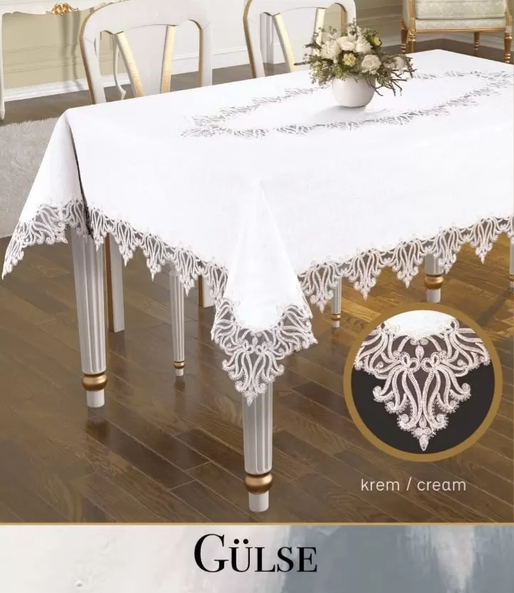 Gülse Model Keten Tek Masa Örtüsü 155x260 cm Krem Dantelli Yemek Masası Örtüsü