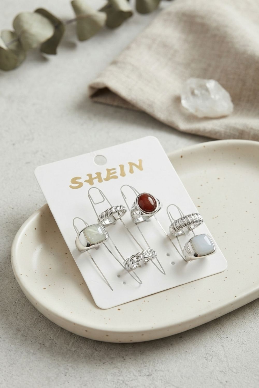 Gümüş Renk Pirinç Taş Detaylı Bohem Yüzük Kombini BYK4279