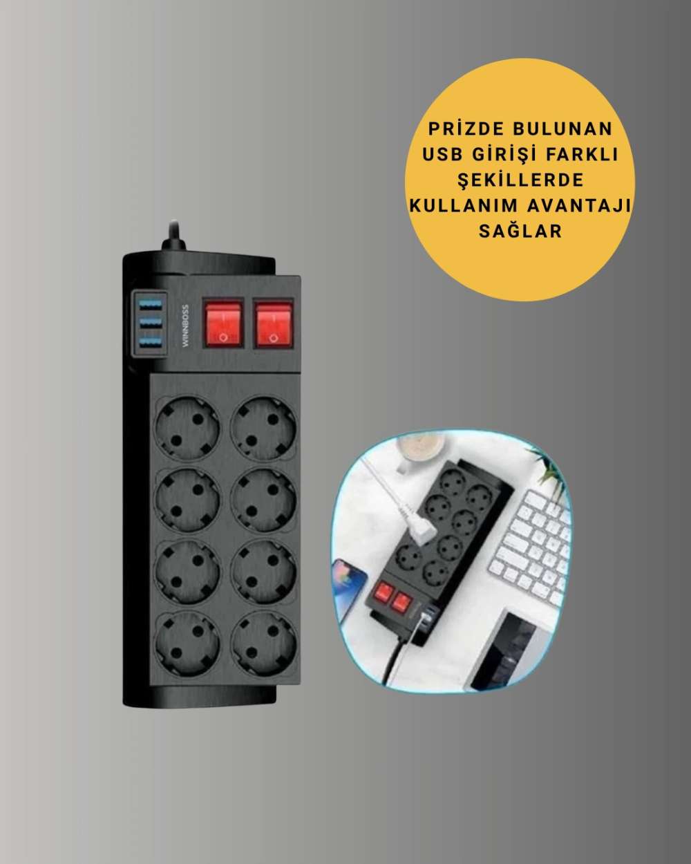 Güvenli Termal Korumalı 8 Priz 3 USB Uzatma Kablosu