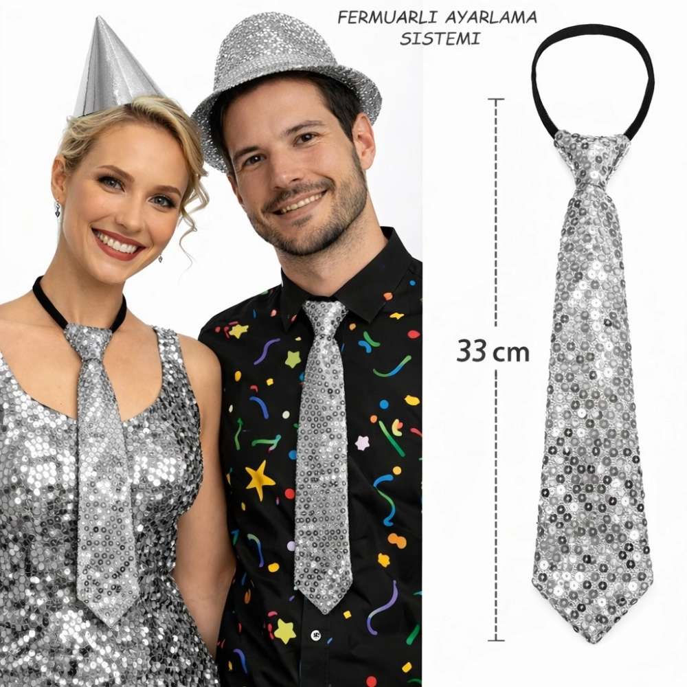 Işıltılı Gümüş Payetli Kravat 33 cm Parti Aksesuarı