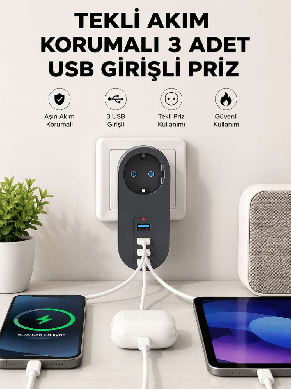 Isıya Dayanıklı 3 USB Portlu Güvenlikli Priz – Akıllı Enerji Yönetimi