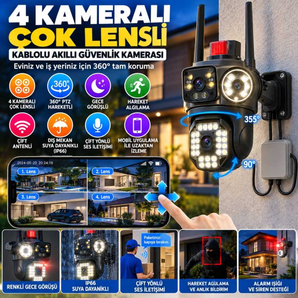 Kablolu Akıllı Güvenlik Kamerası – 4 Kameralı Çok Lensli, 360° PTZ Hareketli, Çift Antenli, Gece Görüşlü, Dış Mekan IP Kamera