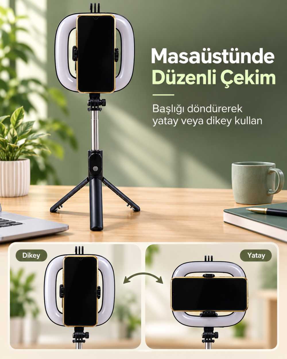 Kablosuz Kumandalı RGB Halka Işık Tripod Standı ve Manyetik Telefon Tutucu