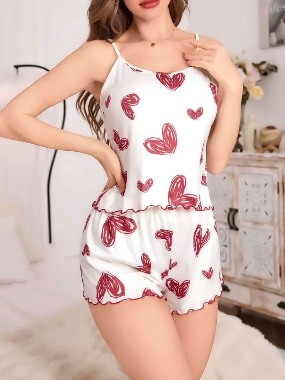 Kadın Beyaz Kalp desenli Şortlu Gecelik Pijama Takımı 5052