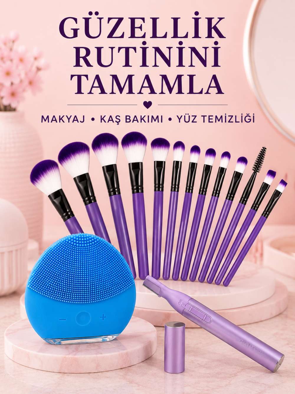 Kadın Güzellik Seti 12’li Mor Makyaj Fırçası Kaş Düzeltici ve Silikon Yüz Temizleme Cihazı Cilt Bakım Seti