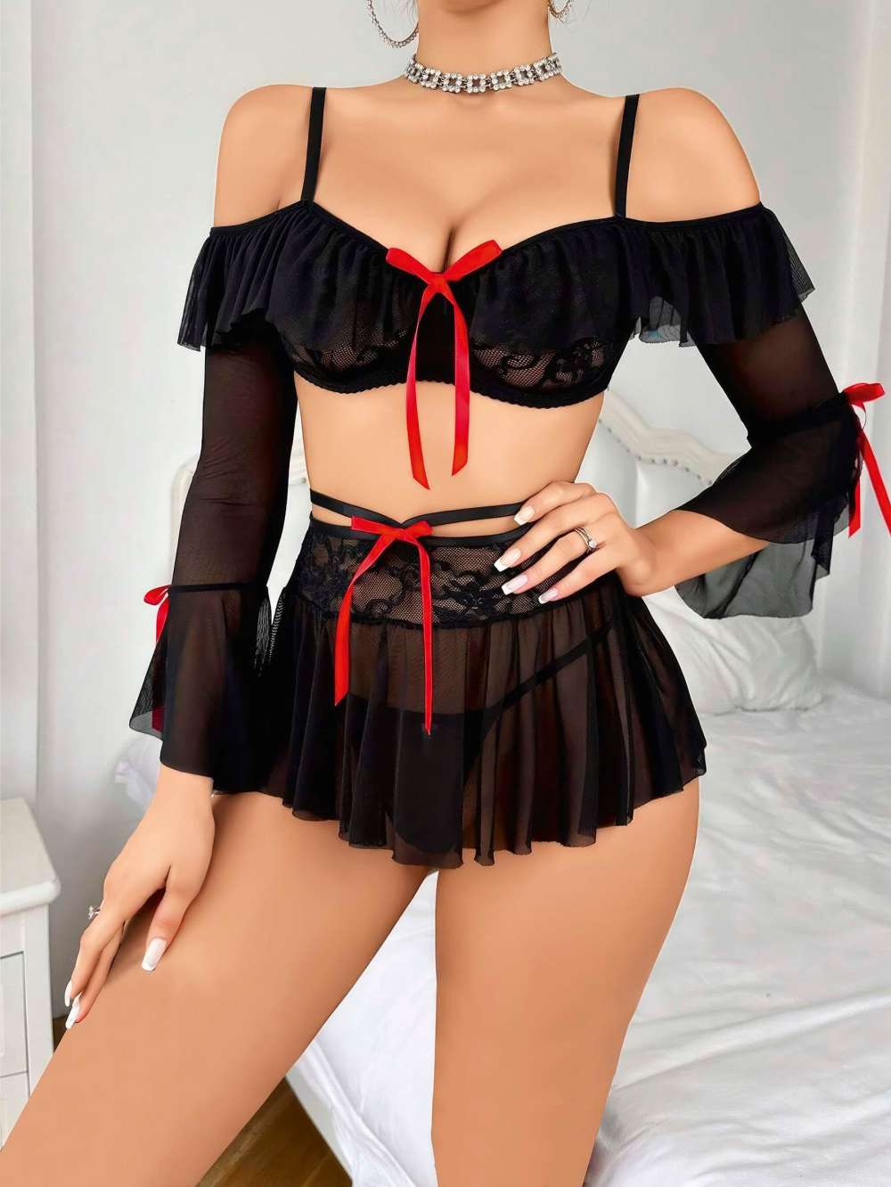 Kadın Siyah Etek Bustiyer Sexy Gecelik Takım 2157