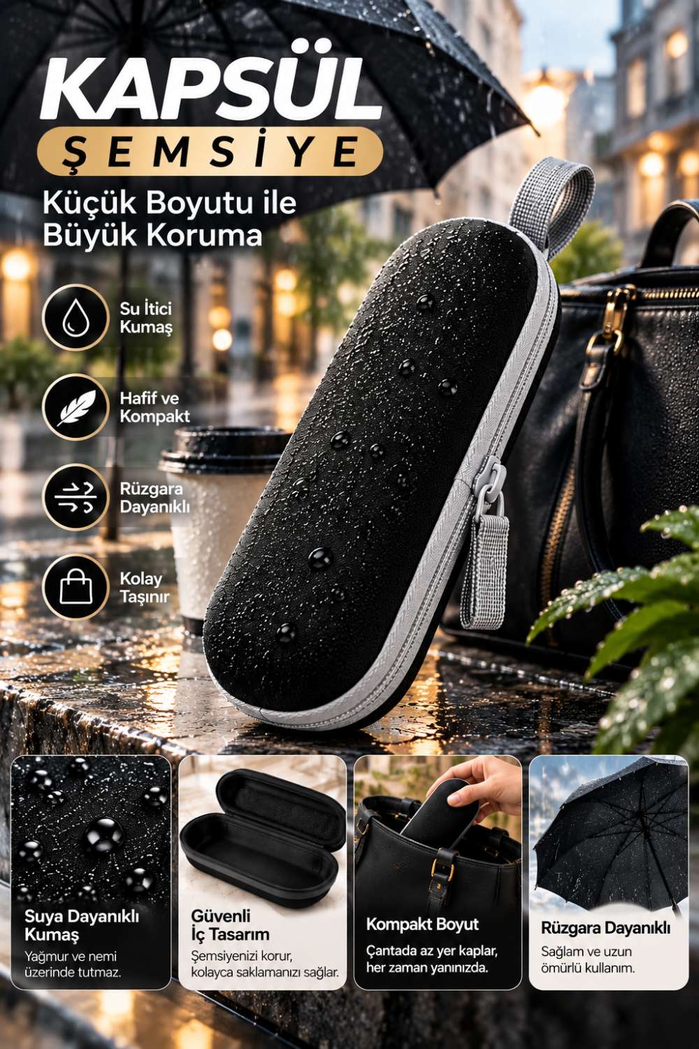 Kapsül Şemsiye Siyah Renk Katlanabilir Kompakt Yapı Yağmurlu Havalarda Kolay Kullanım