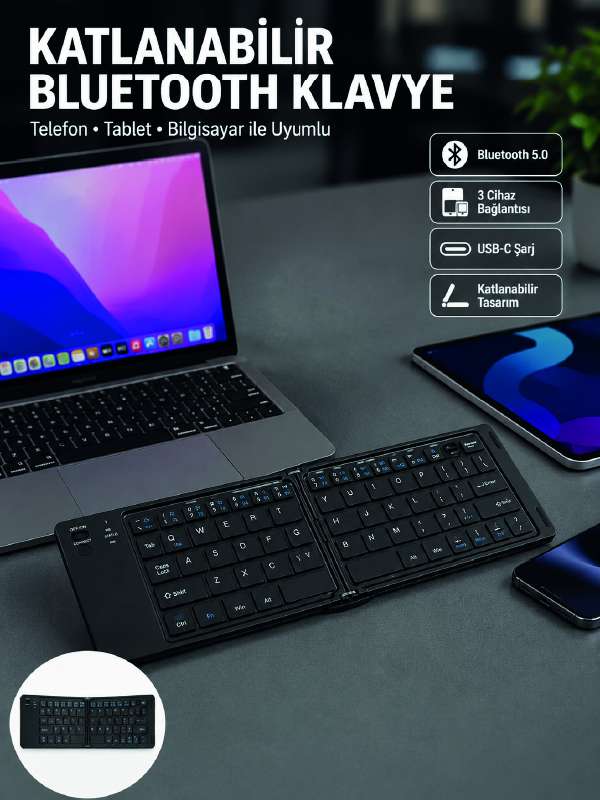Katlanabilir Bluetooth Klavye 3 Cihaz Bağlantılı Kablosuz Taşınabilir Klavye