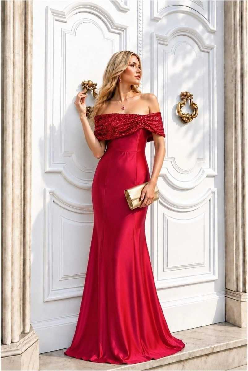 Kayık Elbise Payetli Abiye Yaka Balık Kesim