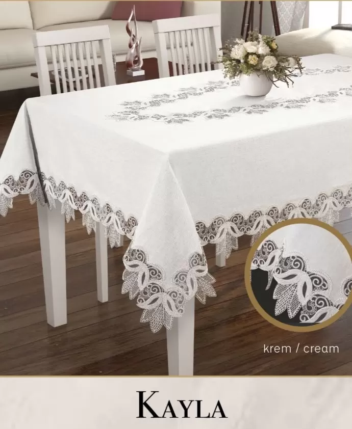 Keten Masa Örtüsü Tablecloth 155x220 cm Dantel Masası Örtüsü Kayla Model Krem