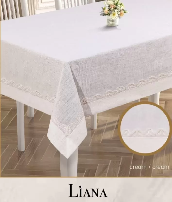 Keten Masa Örtüsü Tablecloth 160x260 cm Dantel Yemek Masası Örtüsü Liana Model Krem