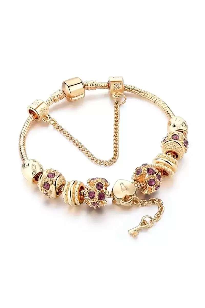Kilitli Kalp Figürlü Taşlı Charm 20cm Bileklik Altın Renk