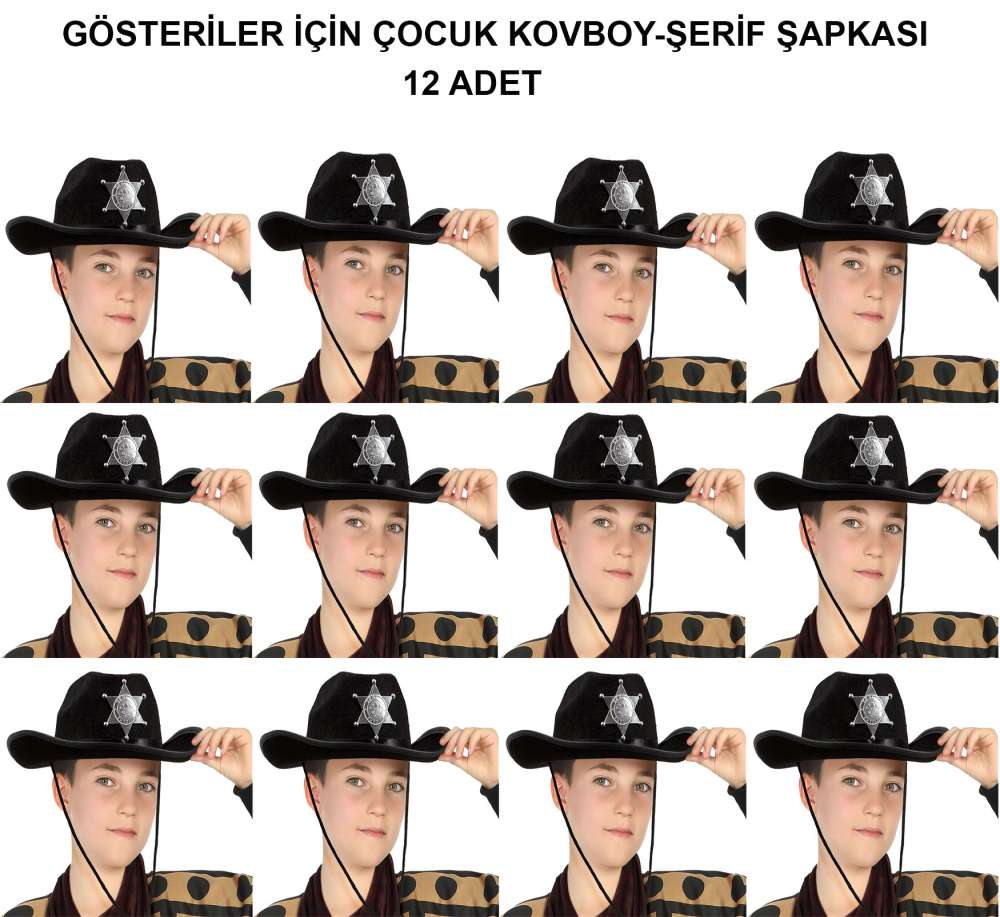 Kovboy Şerif Şapkası Siyah 12 Adet - Kostüm, Parti ve Gösteri Şapkası