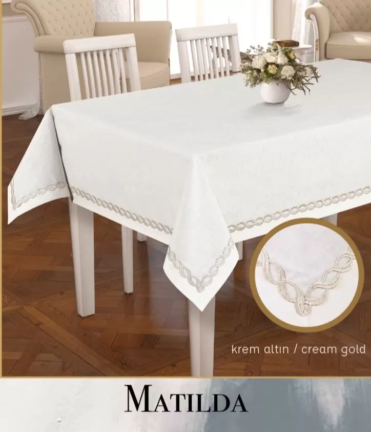 Krem-Altın Matilda 155x220 cm Keten Masa Örtüsü Tablecloth Modern Masa Dekoru