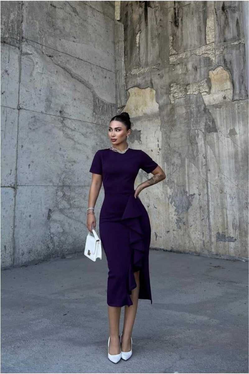 Krep Kumaş Abiye Bisiklet Yaka Elbise Yırtmaçlı