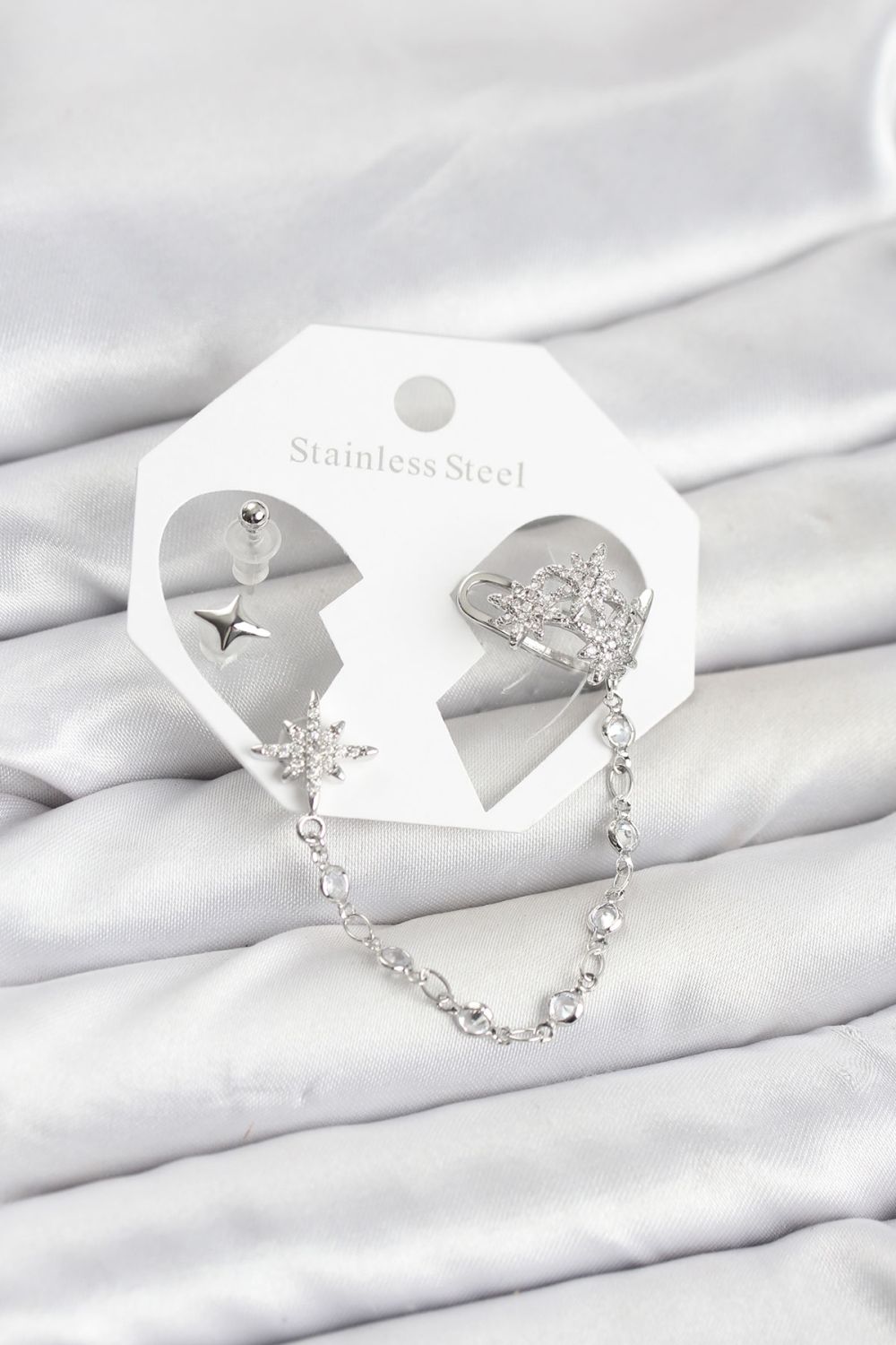 Kutup Yıldızı Model Pirinç Gümüş Renk Zincir Bağlantılı Ear Cuff Küpe Seti